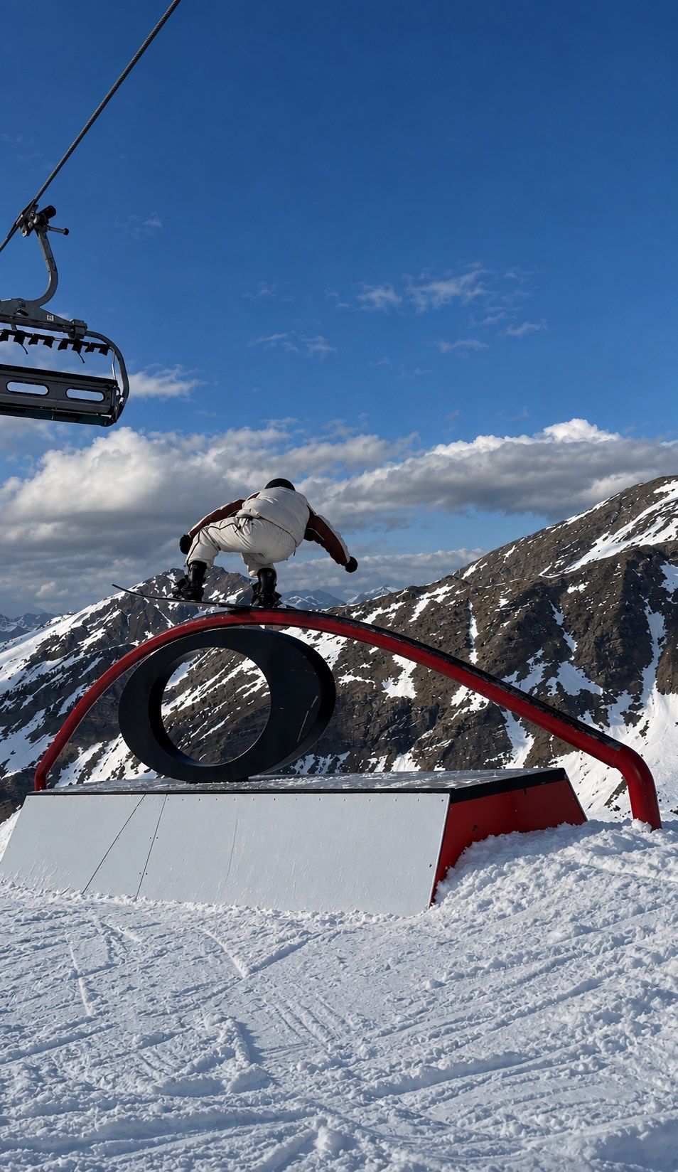 Corentin en slide sur un rail en arche, télésiège et sommets enneigés en arrière-plan